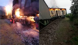 Sabotaje en la macrozona sur: Tren descarrila y se incendia en Victoria