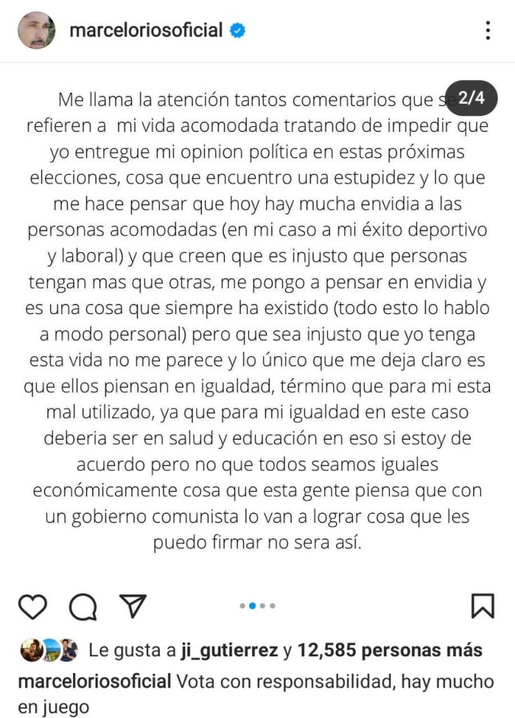 Instagram 1 El siempre polémico extenista Marcelo Ríos, compartió una extensa reflexión (que le valió más decenas de comentarios divididos) en su cuenta de Instagram, en relación a las próximas elecciones presidenciales que se llevarán a cabo el próximo 19 de diciembre,