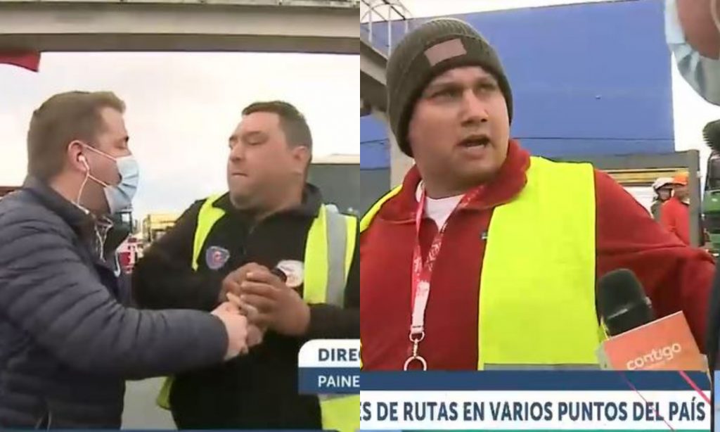 “Son bien violentos”: Camioneros  empujan e intentan quitarle el micrófono a periodista del matinal de CHV