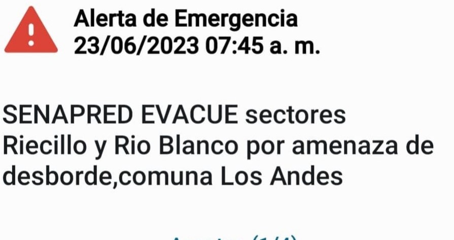 Senapred solicita evacuar sectores de la comuna de Los Andes