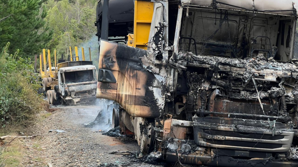 Ataque incendiario en Los Lagos: Encapuchados armados quemaron cinco camiones forestales en Río Negro