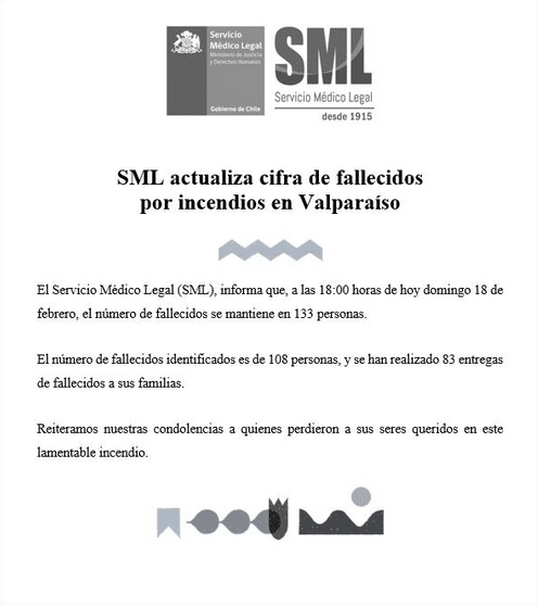 El Servicio Médico Legal actualizó la cifra de fallecidos por incendios en la Región de Valparaíso.
