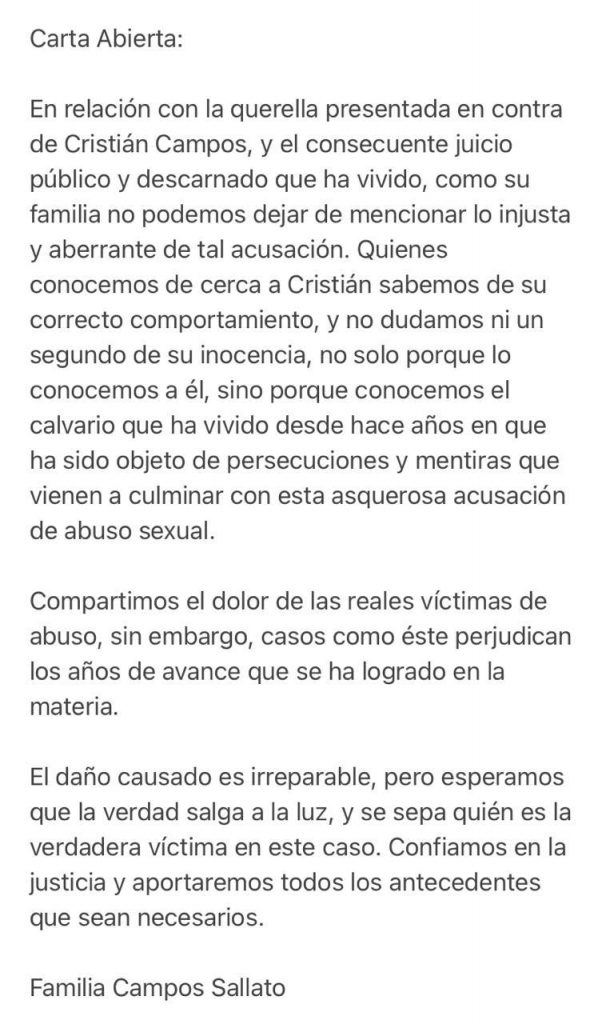 Familia de Cristián Campos salió en defensa del actor, tras acusación de abuso sexual.