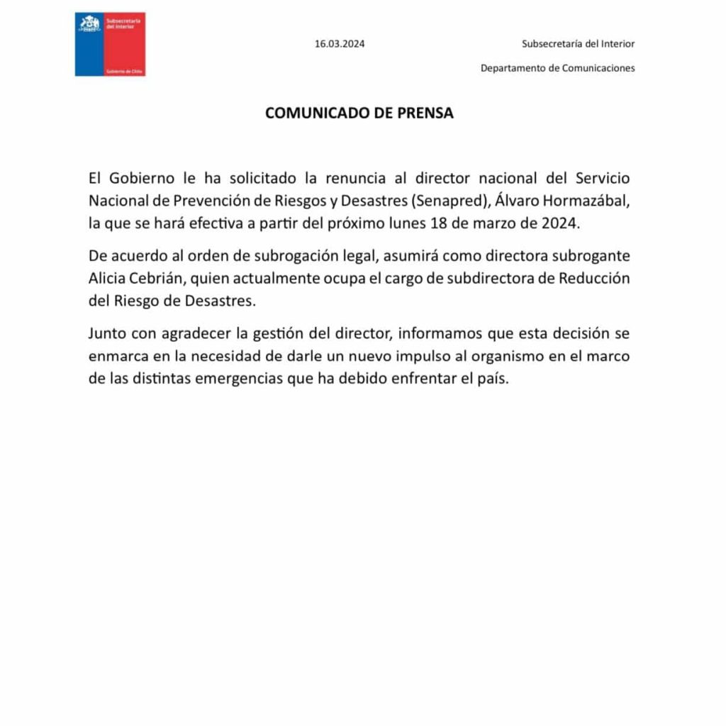 Gobierno designa a Alicia Cebrián como directora (s) de SENAPRED, tras renuncia de Álvaro Hormazábal.