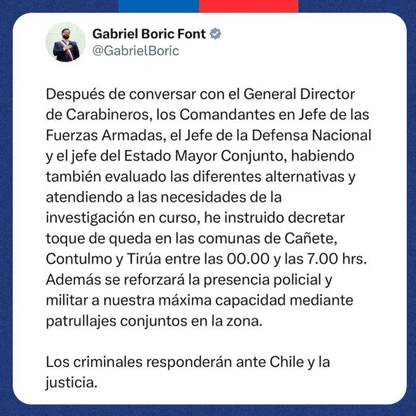 Gobierno decretó toque de queda para las comunas de Cañete, Contulmo y Tirúa, en la Región del Biobío.