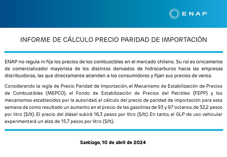 bencinas Las bencinas y el diésel anotarán una fuerte alza en su valor a partir de este jueves 11 de abril.