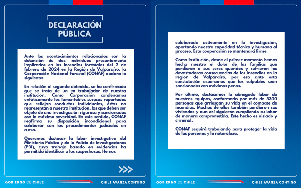 Comunicado de Conaf por trabajador detenido como autor intelectual de incendios en la Región de Valparaíso.