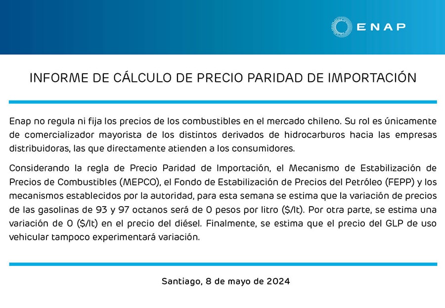 Bencinas Enap informó que no hay variación en el precio de las bencinas.