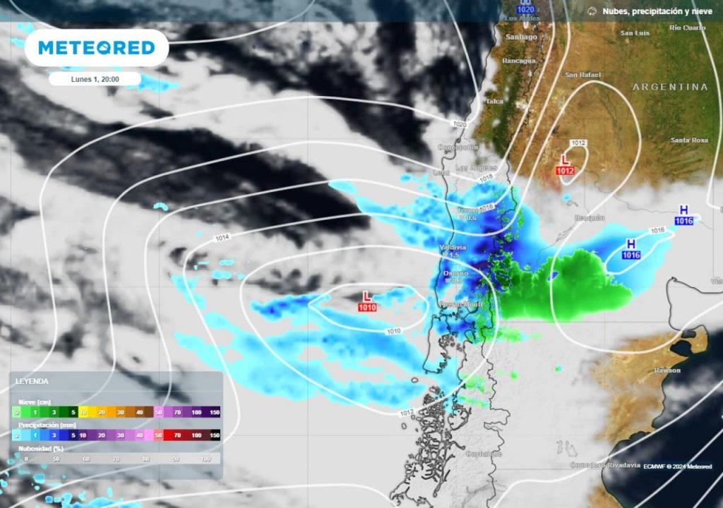 Vuelven los paraguas en la zona sur: Meteored pronostica lluvias desde el Maule a la Patagonia. FOTO: Meteored.