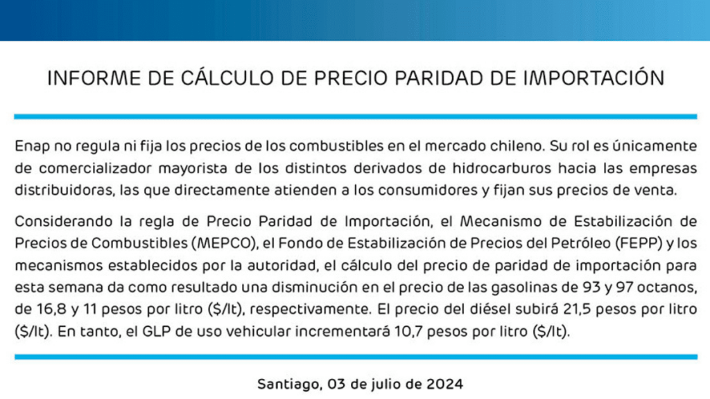 bencinas Enap anuncia baja en el precio de las bencinas.