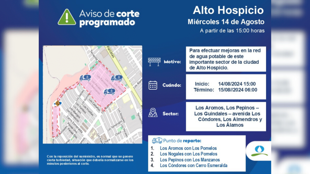 Alto Hospicio Corte de agua programado para Alto Hospicio.