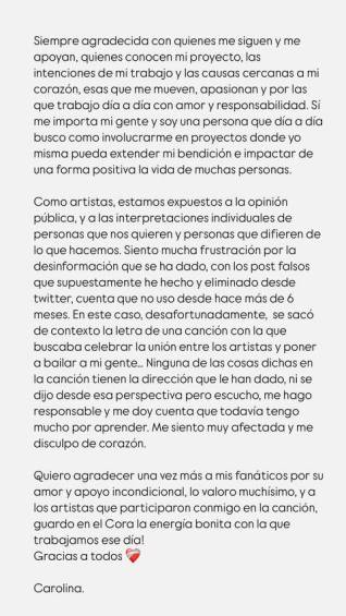 Historia de Karol G donde se disculpa por su nueva canción.