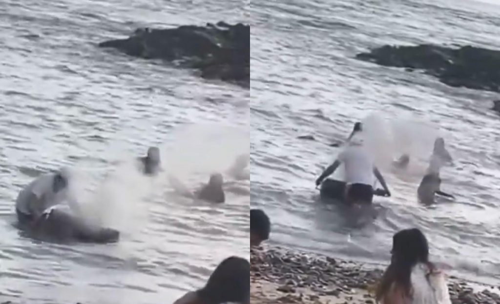 VIDEO | Hombre es captado apagando parrilla en el mar frente a familias en Iquique