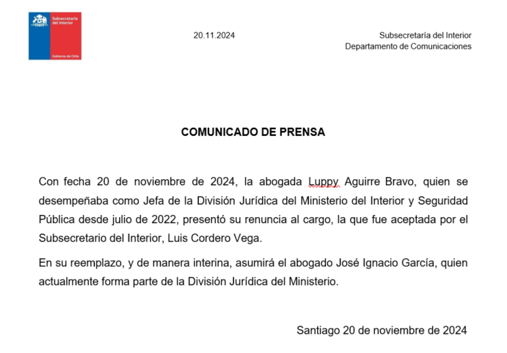 Comunicado subsecretaría del Interior