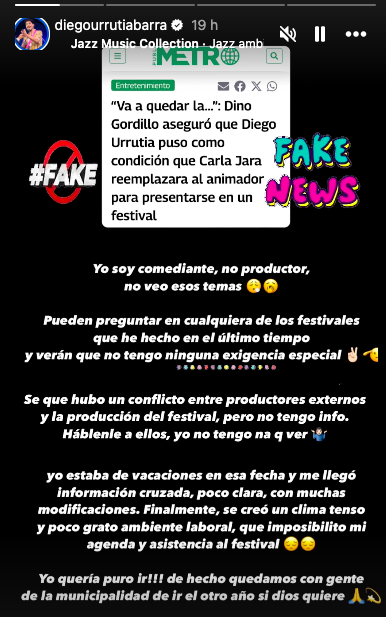Declaración de Urrutia en historias de Instagram