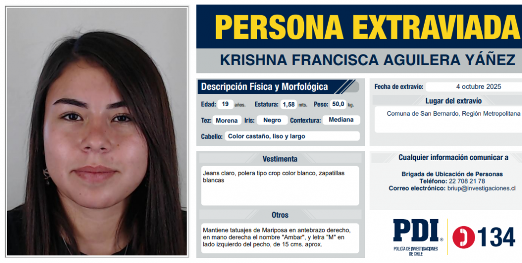 Caso Krishna Aguilera: PDI arresta a sospechoso de su desaparición en San Bernardo