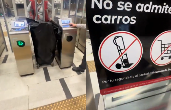 Hombre extranjero increpa a personal de Metro porque le negaron ingreso con carro de feria