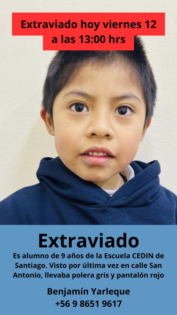 Niño de 9 años desaparece en pleno centro de Santiago: se busca a Benjamín Yarleque
