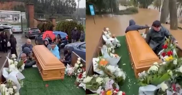 Familia denuncia que tuvo que trasladar un ataúd en un tractor por cementerio inundado